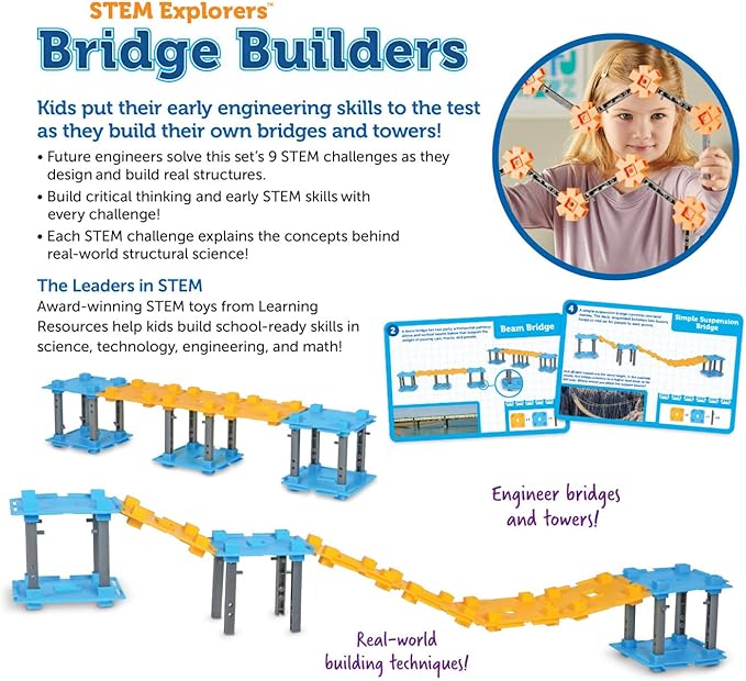 Learning Resources STEM Explorers Bridge Builders, Ages 5+, STEM Toys, STEM Building Toys, STEM Kits, Kids STEM Projects, Build It Yourself Toys,72 Pieces