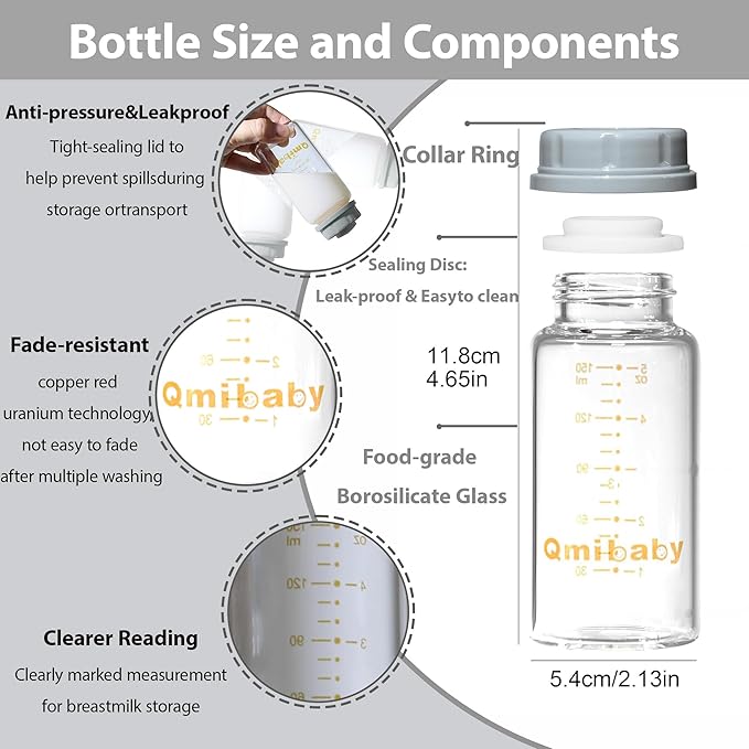 Natural Glass Baby Bottle 150ml 5oz Standard Neck Breast Milk Storage Bottles Compatible with Medela Breast Pumps for Breastmilk Storage Bottle Breastfeeding BPA-Free 4 Pack (Grey+Pink Lids)
