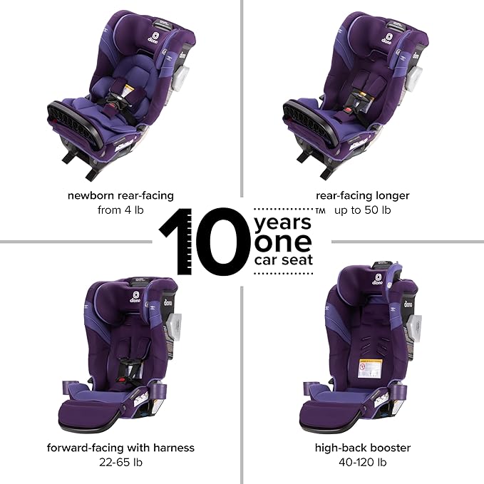 Diono Radian 3RXT SafePlus Max Rear and Forward-Facing Convertible Car Seat, 2-in-1 Anti-Rebound Bar and Calf-Support, 10 Years 1 Car Seat, Slim Fit 3 Across, Purple Wildberry