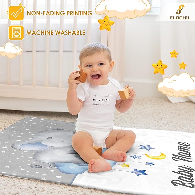 FLOCHIL Personalized Blanket for Boys – Custom Name Blanket, Newborn Elephant Fleece Gift (30x40) (Elephants 6)