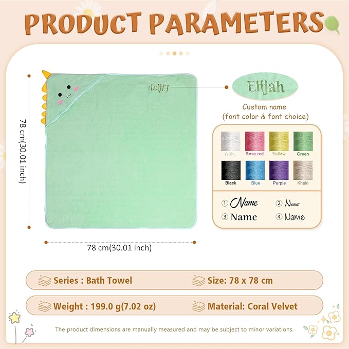 Personalized Baby Towels for Newborn Custom Embroidery Name Hooded Baby Bath Towels for Boy Girl Newborn Essentials Must Haves Shower Gift Soft Coral Velvet 30"x30" (Green)