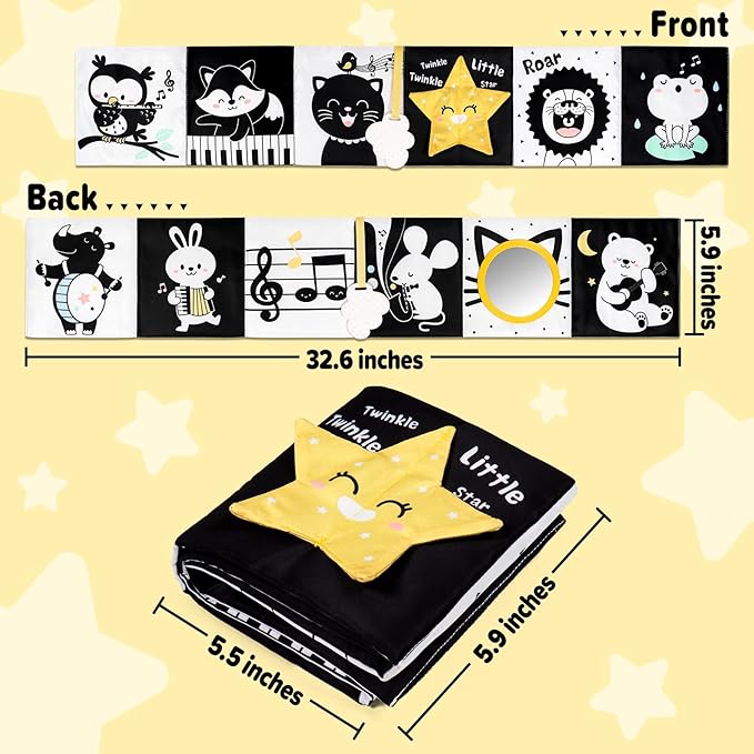 OKOOKO Black and White High Contrast Baby Book 0-6 Months Baby Soft Book Tummy Time Toy Crib Stroller Toy Montessori Sensory Toy Early Education Months Newborn Infant for 0+