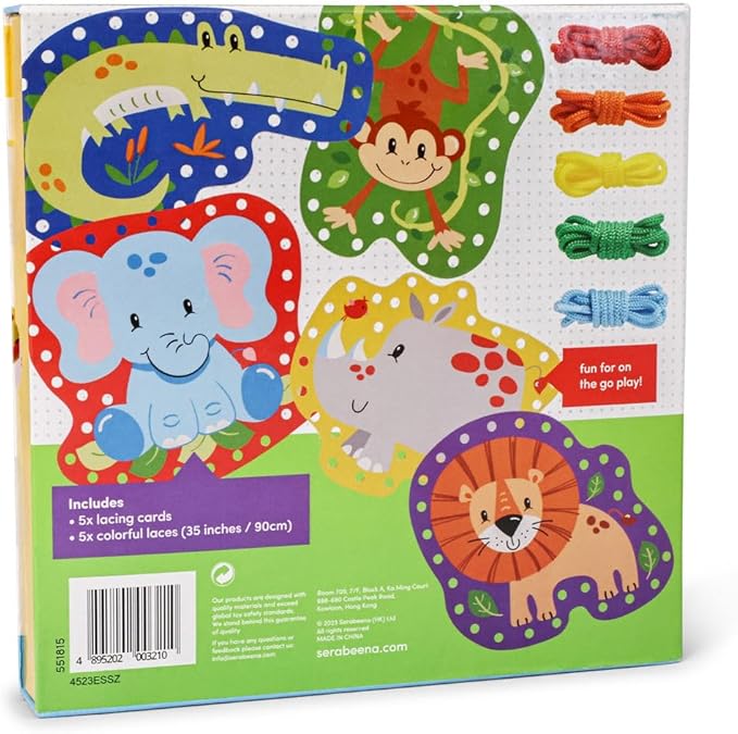 Serabeena Safari Kids Lacing Cards - Colorful Lacing Cards for Kids Ages 3-5 Plus - Lace Up Sewing Cards - Develops Hand-Eye Coordination & Fine Motor Skills - 5 Sewing Animals for Kids with Laces