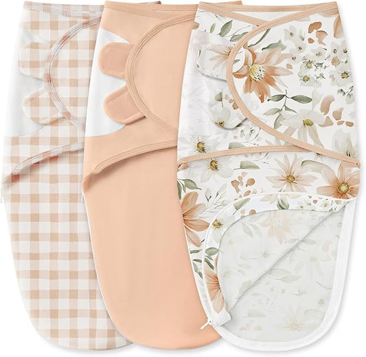 Baby Swaddles for Newborns with Zipper, 100% Cotton Newborn Swaddle Sack, 3 Pack Baby Swaddles 3-6 Months Swaddle Sleep Sack for Newborn Baby Boy Girl Orange Flower