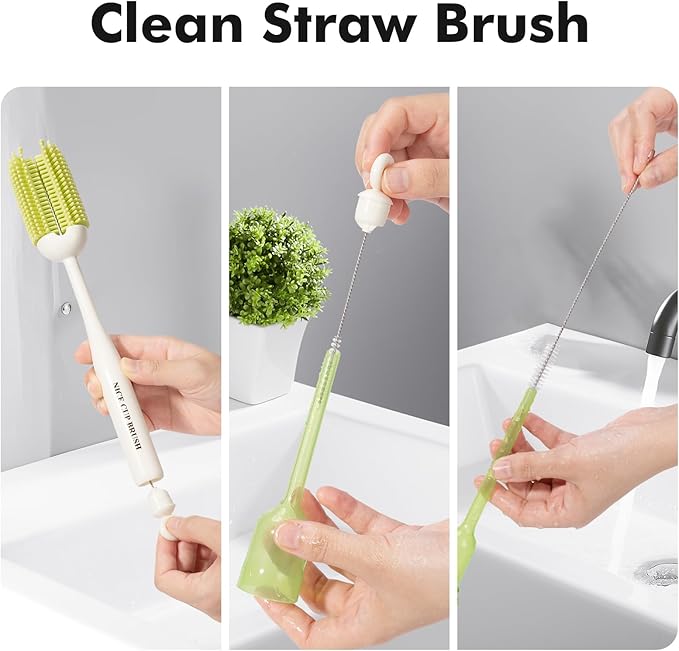 5-in-1 Baby Bottle Brush Kit, Silicone Bottle Brush for Baby Bottle and Breast Pumps, Sponge Nipple Brush with Replaceable Brush Head, Straw Brushes, Pink