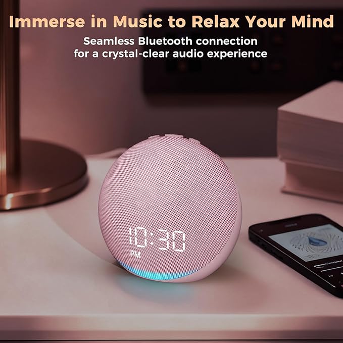 Sound Machine Alarm Clock for Bedroom: 25 Natural Sleep Sounds - White Noise Machine for Adults Kids Baby - Gentle Wake Up Alarm with Bluetooth Speaker - Pink
