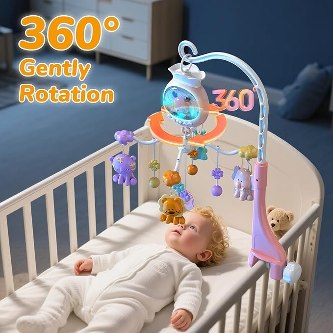 Crib Mobile with Music and Lights, Baby Mobiles for Cribs, Nursery Mobile Arm Hanging Toys for Bassinets Girls Boys Babies, Musical Infant Space Portable Mobiles Clip On Pack and Play Hanger