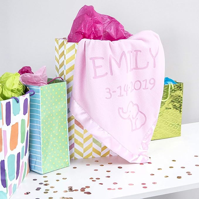 Custom Catch Personalized Elephant Baby Blanket for Girl - Newborn or Infant Name Gift - Pink or Blue (2 Lines of Text)