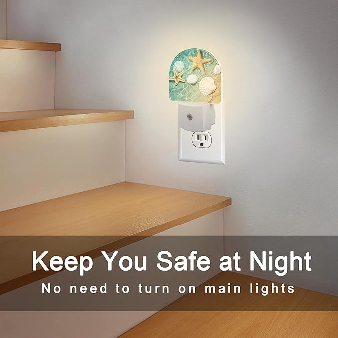 Starfish and Seashell Night Light Plug into Wall, Summer Beach Ocean Waves Dusk to Dawn Night Light Plug in,0.5w Energy Saving Sleep Friendly NightLight for Kids Boys Girls Home Decor
