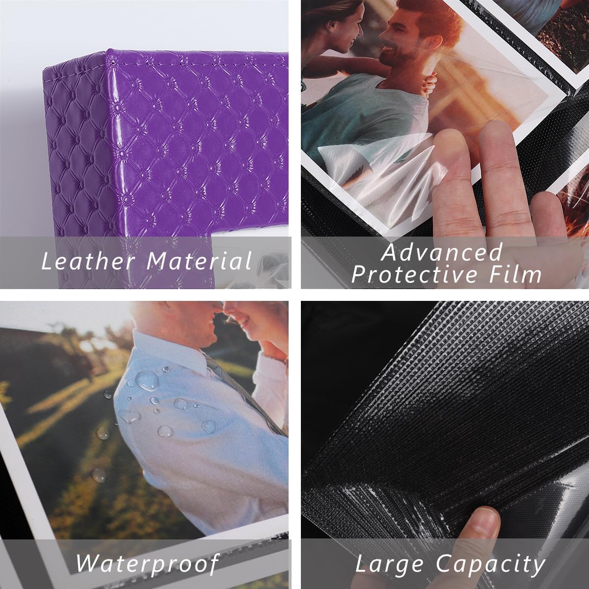 RECUTMS Photo Album for 4x6 300 Photos, 3 Per Pages Photo Picture Album PU Leather Button Grain Cover, Horizontal Photos Record Wedding Family Baby Anniversary Birthday Graduation Travel (Purple)