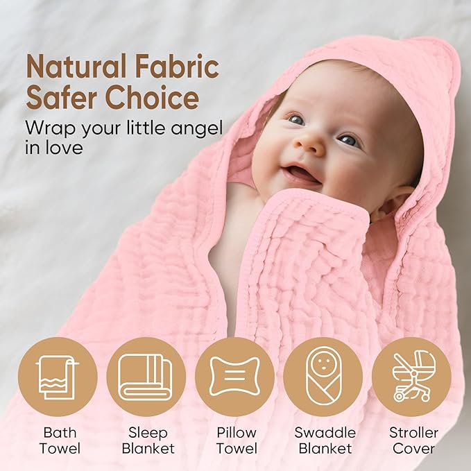 Muslin Hooded Baby Towels 100% Cotton ，Super Soft Muslin Baby Bath Towel - 32 x 32 Inches, Suitable for Newborn and Young Children up to 3 Years Old. (Beige & Coffee)