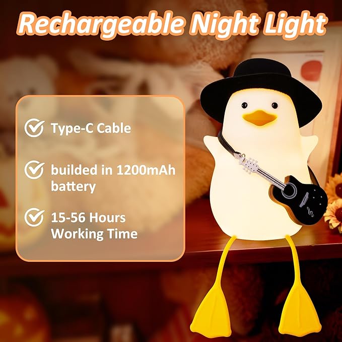 Duck Night Light, Squishy Duck Lamp, Silicone Bedside Light Up Funny Duck with Dimmer & Rechargeable. Birthday Gifts for Friends Women(Guitar Duck)