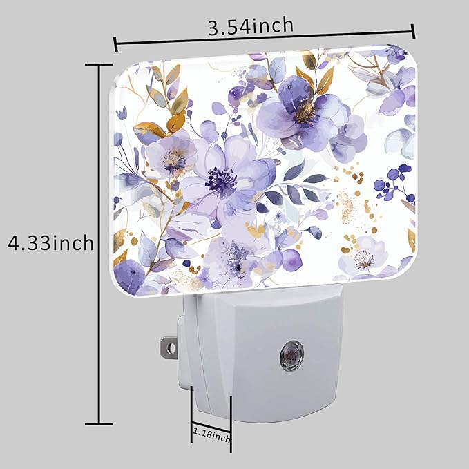 Elegant Purple Flowers Night Light, Watercolor Flowers Nightlight Plug into Wall with Dusk to Dawn Sensor for Kid Girls Boys Women Men Bedroom, Hallway, Kitchen, Bathroom, Stairs Decor