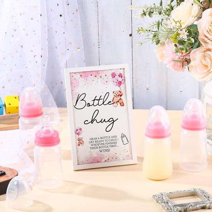 Roowest Bottle Chug Baby Shower Game Favors Including Pink Bear Theme Wooden Sign and 18 Pcs Baby Bottles for Gender Reveal Party Supplies