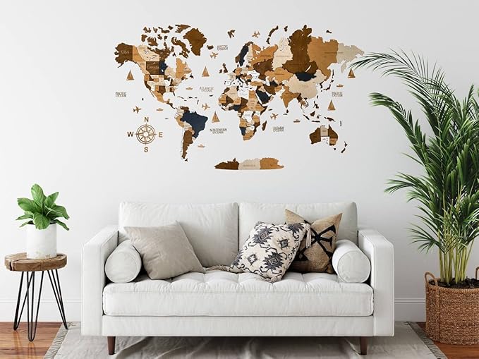 Wooden World Map 3D Art Large Wall Decor - Size (M & L & XL) Any Occasion Gift Idea - Wall Art For Home & Kitchen or Office (COFFEE, 63,00" x 33,46")
