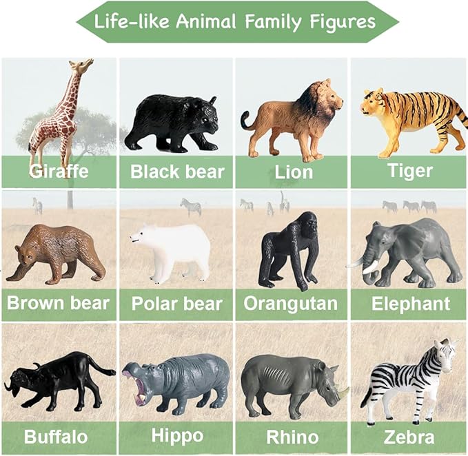 RUSON 12 Pcs Mini Safari Animals Figures Toys, Realistic Jungle Zoo Animal Figurines Cake Topper Toy Set Christmas Birthday Easter Egg Gift Party Supplies for Kids Toddlers