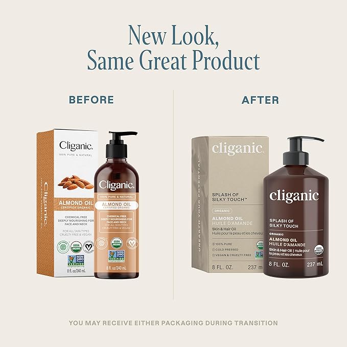 Cliganic Organic Sweet Almond Oil, 100% Pure (8oz) - for Skin & Hair, Nourishing Carrier Oil for Face & Body