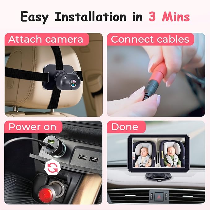 2-Kids Baby Car Camera Recording: HD 1080P Dual Backseat Cameras with 7” Split-Screen Display - Night Vision, 360° Rotation, Easy Installion for Twins & Siblings