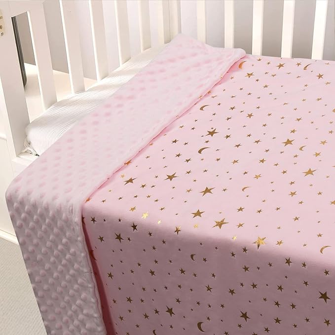 Baby Blanket for Boys Girls Soft Minky with Double Layer Dotted Backing, Star and Moon Printed 30 x 40 Inch Receiving Blanket (Pink)