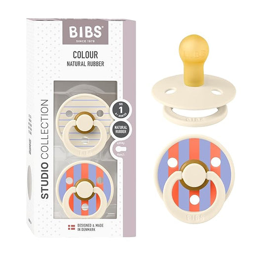 BIBS Pacifiers - Studio 2 Pack | Round Nipple Baby Pacifier | BPA Free Natural Rubber Latex Soother | Made in Denmark | Size 0+ Months | Pin Ivory Hush