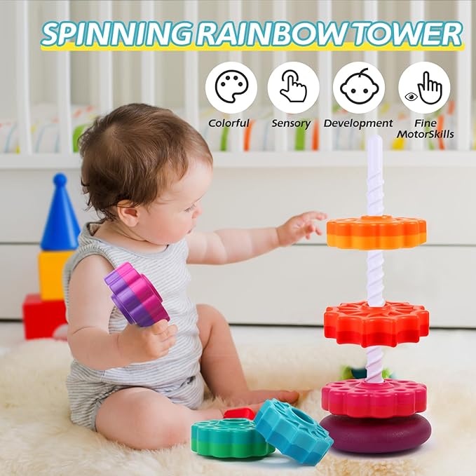 Spinning Stacking Toys - Rainbow Tower, Kids Stackable Spinning Toy, Educational Toy for Toddlers 1-3, Strong ABS Plastic, Color & Shape Recognition, Builds Sensory & Motor Skills