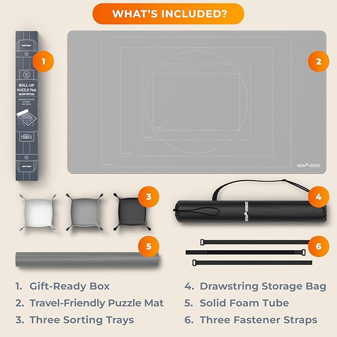 The Original Newverest Jigsaw Puzzle Mat Roll Up, Silver, 46” x 26” Portable Keeper Up to 1500 Pieces with Non-Slip Rubber Bottom & Smooth Top + 3 Puzzle Sorting Trays & Travel-Friendly Storage Bag