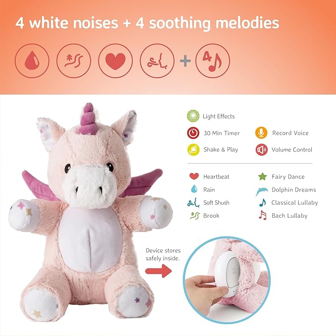 Cloud b LoveLight Buddies Sound Machine with White Noise, Soothing Lullabies & Gentle Nightlight | Voice Recorder | USB Rechargeable | Adjustable Settings & Auto-Shutoff | Lily The Unicorn