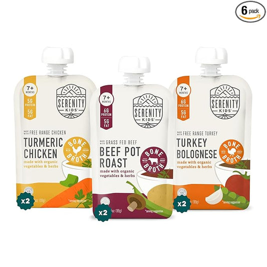 Serenity Kids 7+ Months Bone Broth Puree Made with Organic Veggies - BPA-Free Organic Baby Food Pouches with Veggies & Ethically Raised Meat - Clean Label Project Certified - 3.5 Oz, 6 Pack