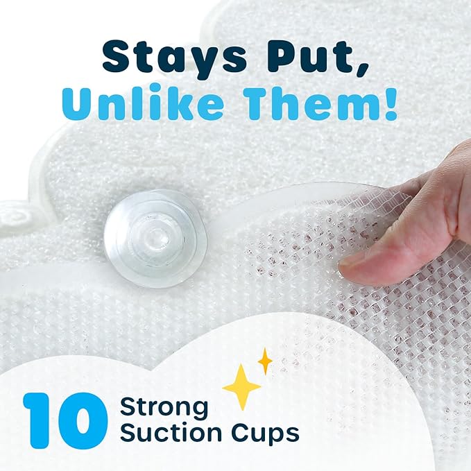 SlipX Solutions Cloud Shaped Kid & Baby Bath Mat for Tub & Shower 17” x 29”, Non-Slip Bathmat, Soft Loofah Cushioning for Sensitive Feet, Built-in Product Protection, Machine Washable, White