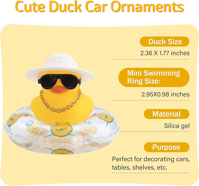 wonuu Car Rubber Duck, Yellow Duck Decoration Dashboard with Sun Hat Swim Ring Necklace Sunglasses for Car Dashboard Decorations