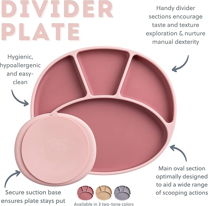 BIBaDO - Silicone Suction Divider Plate (Blush) - Toddler Plates - Help Develop Motor Skills - Durable, Dishwasher & Microwave Safe, BPA Free - Medical Grade - Baby Essentials - 6 Months to 3 Years