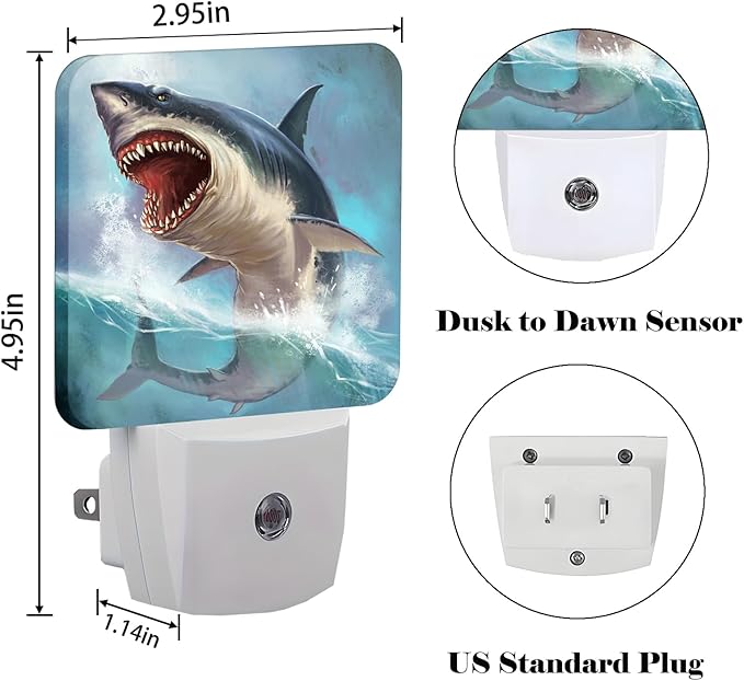 Great White Shark Night Light,Plug Into Wall for Boys Girls Bedroom Decorative Square Night Light Lamp 0.5w Sleep Friendly