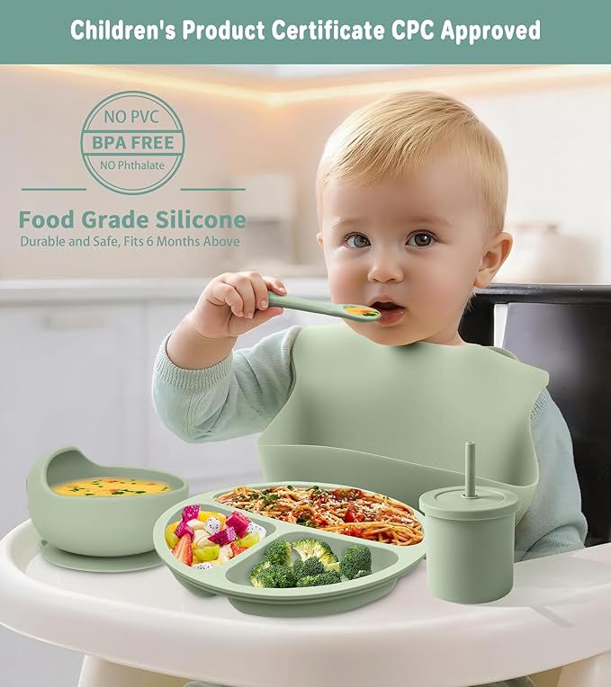 Silicone Baby Feeding Set, 10 Pcs Baby Led Weaning Supplies Baby Eating Essentials Set with Suction Bowl Divided Plate Adjustable Bib Soft Spoon Fork Cup with Lid Drinking Cup, Travel Bag (Green)