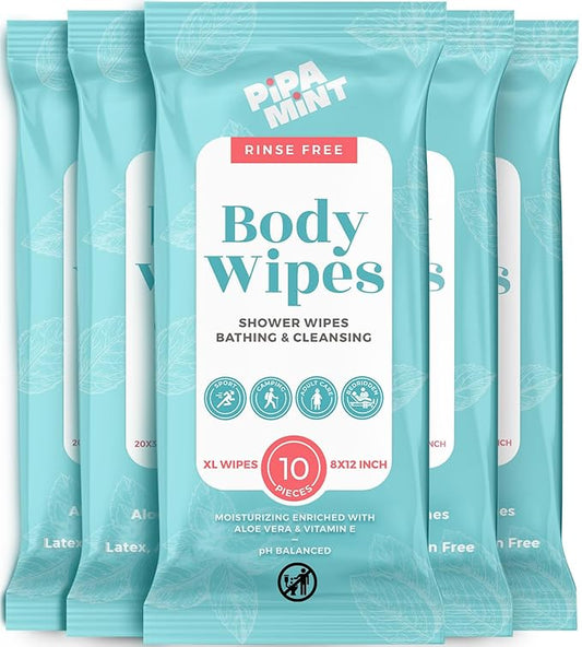 Body Wipes XL Shower Wipes Body Wipe for Adults Bathing, Traveling, Camping, Gym, Car, Elderly, Bedridden - Disposable Washcloths for Adults No Rinse 1 Box, 5 Pack (50 ct)