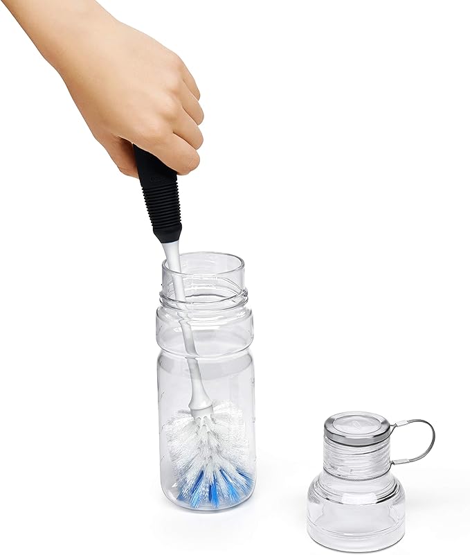 OXO Good Grips Bottle Brush, Dual-Bristle Cleaning for Bottles, Pitchers and Carafes, Flexible Neck Scrub Brush, Safe for Stemware and Delicate Glassware, Dishwasher Safe