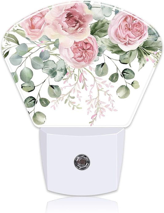 Pink Flowers Plug in Night Lights, Eucalyptus Greenery Nightlight Plug Into Wall Dusk to Dawn Sensor for Kid Girls Boys Women Men Bedroom, Hallway, Kitchen, Bathroom, Stairs Decor