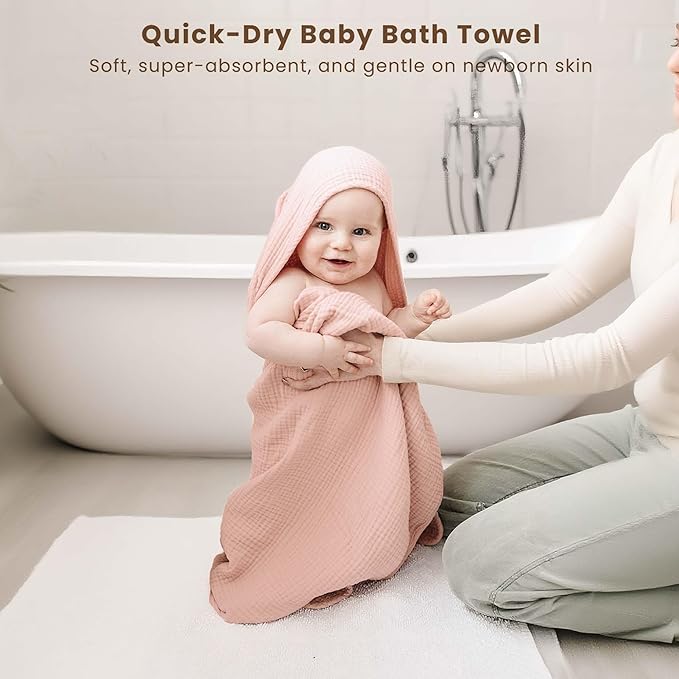 Konssy 2-Pack Muslin Hooded Baby Towels, 100% Cotton, Ultra-Soft & Absorbent Baby Bath Towels with Hood for Newborn & Infant (Pink, Floral,32" x 32")