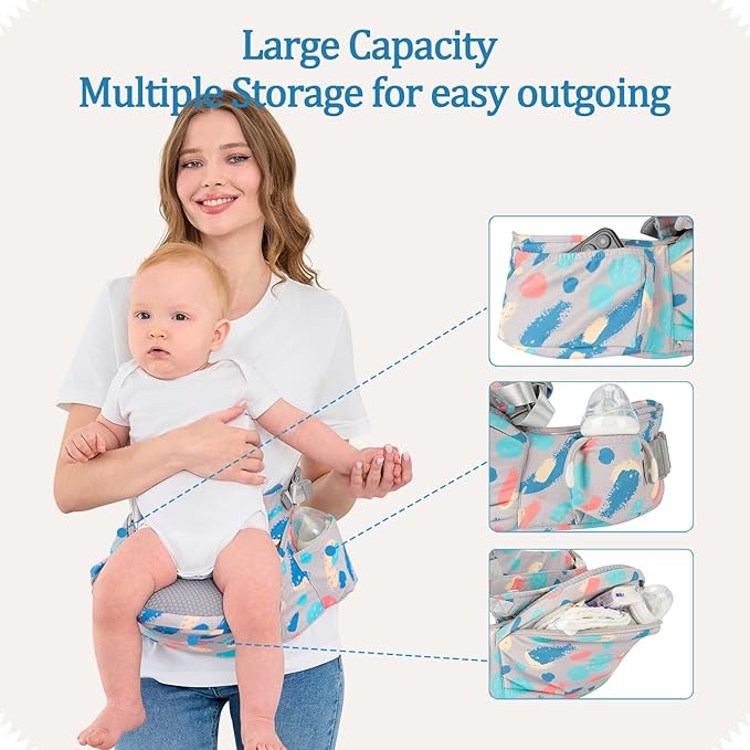 Baby Hip Seat Carrier Baby Waist Stool for Child Infant Toddler with Adjustable Strap Buckle Pocket Soft Inner Huge Storage,Light Grey
