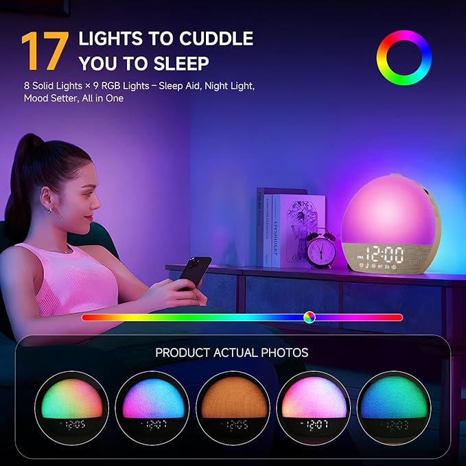 Sunrise Alarm Clock White Noise Sound Machine for Bedroom | Natural Wake-Up Light with 30 Soothing Sleep Aids, Bluetooth Speaker, Dimmable Clock, Screen-Free Design for Baby Adults Kids-Khaki