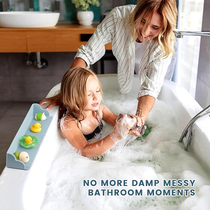 Bathtub Splash Guard for Tub, Silicone Bathtub Caddy Tray with Play Shelf, Kids Bath Tub Shelf and Organizer for Baby Bath Toys, Bath Toy Holder, Toddler Bathtub Accessories(Classic Blue)