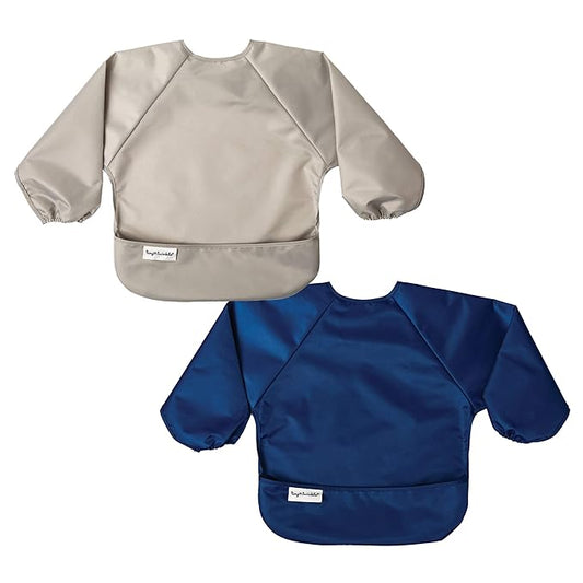 Tiny Twinkle Long Sleeve Bib for Babies & Toddlers – 2 Pack Waterproof Smock Bibs for Eating – Machine Washable & Mess-Proof, Baby Feeding Essential & Shower Must-Have (Grey Indigo,2-4Y)