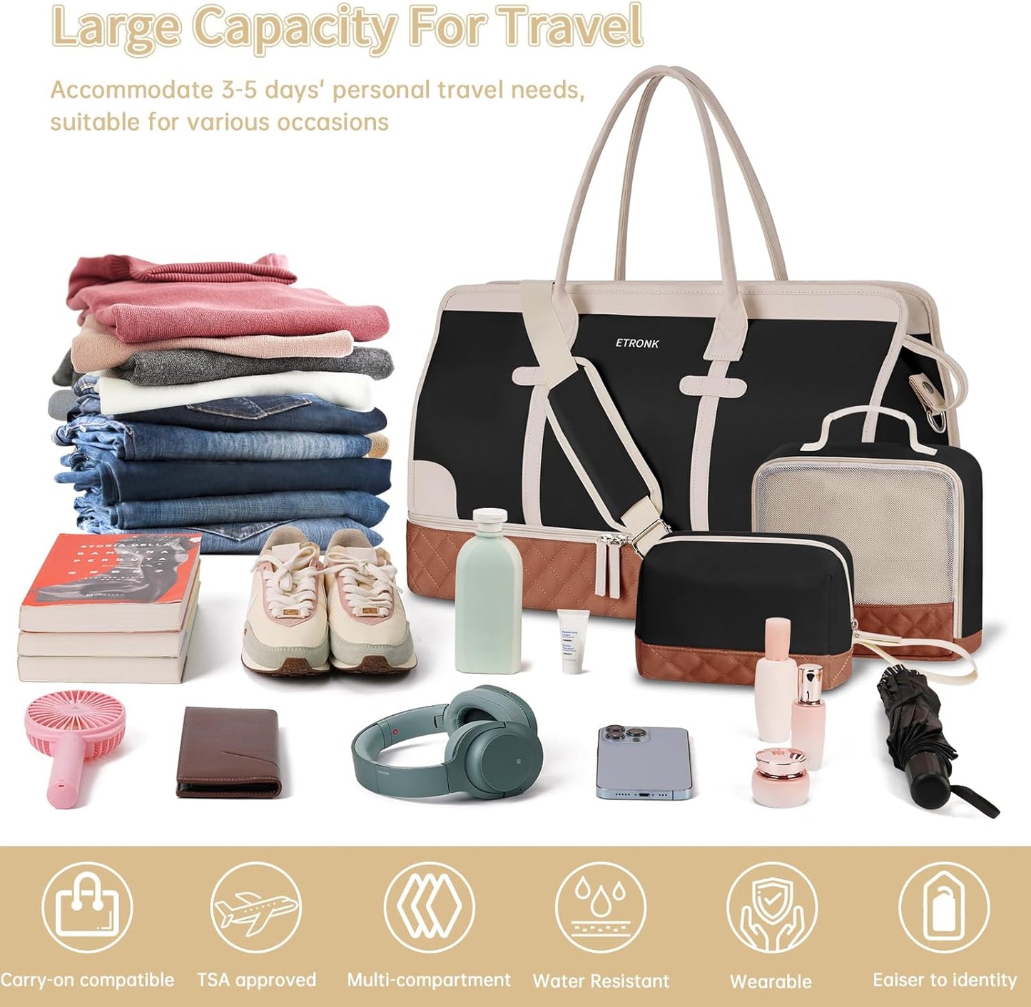 ETRONIK Weekender Overnight Bag for Women, Large Travel Duffle Bag with Shoe Compartment & Wet Pocket, Carry On Tote Bag Gym Duffel Bag with Toiletry Bag, 3 Pcs Set, Large Size, Beigeblack-Brown
