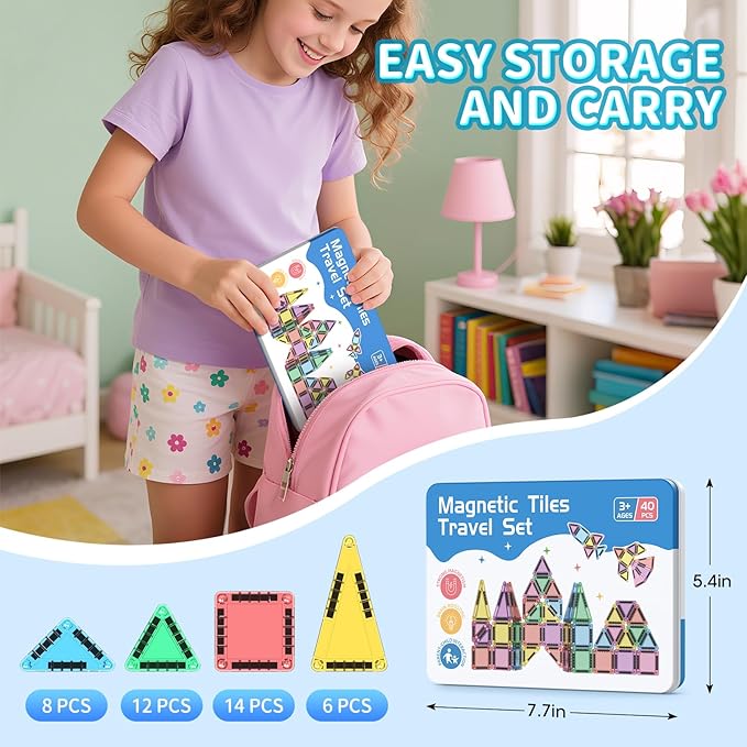 40PCS Mini Magnetic Tiles Travel Set, Portable STEM Building Blocks for Kids with Metal Storage Box, Montessori Sensory Toys for Classroom & Travel, Ideal Gift for Boys & Girls