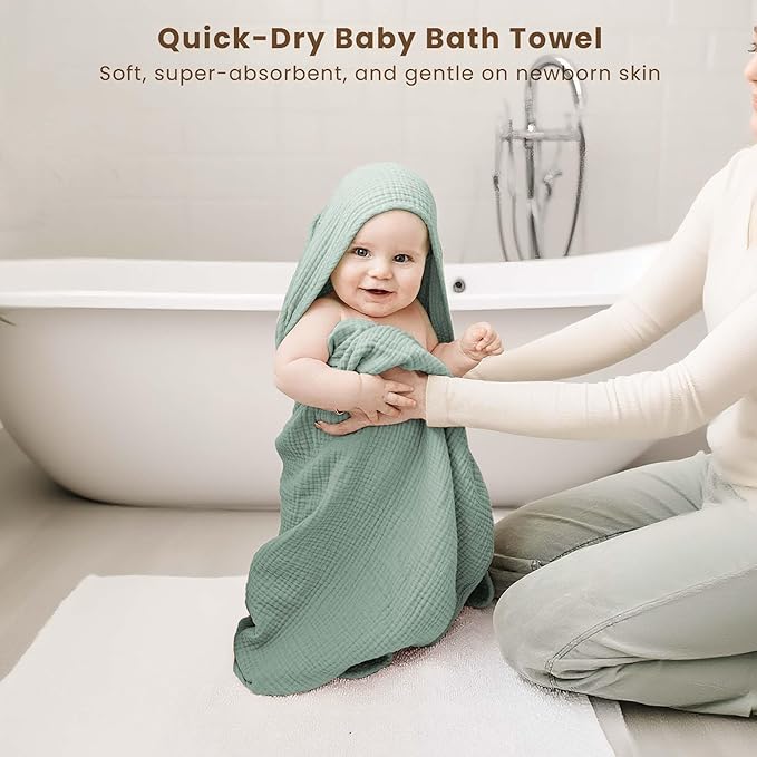 Konssy 2-Pack Muslin Hooded Baby Towels, 100% Cotton, Ultra-Soft & Absorbent Baby Bath Towels with Hood for Newborn & Infant (Green, Leafy,32" x 32")
