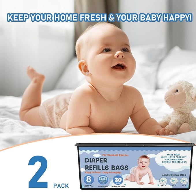 Diaper Pail Refills Bags with 30 Bags Compatible with Genie Easy Roll Signature Diaper Pails and Platinum Diaper Pails, Lasts Up to 8 Months, 7-Layer Odor-Barrier Technology, 2 Packs (60 Bags)