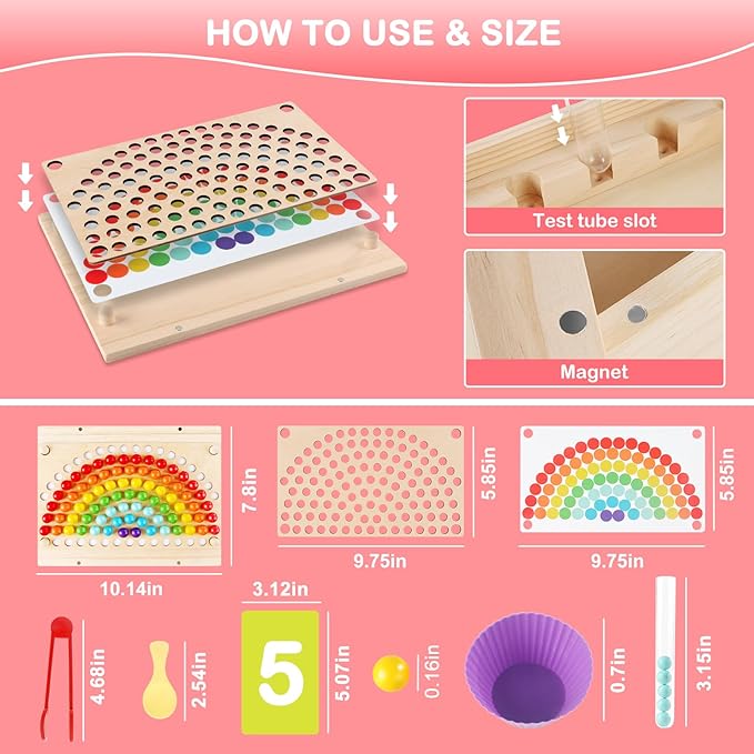 Toddler Learning Montessori Toys for 3 4 5 6 Year Old,Rainbow Stacking and Color Sorting - Number Crunching Clip Bead Matching -Wooden Peg Board Bead Game - Fine Motor Skills Toys