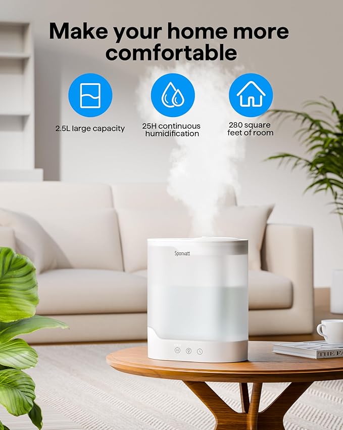 Sponvatt Humidifiers for Bedroom Home,2.5L Top Fill Cool Mist Air Humidifier for Large Room Baby Nursery,Quiet Ultrasonic,With Oil Diffuser and Nightlight,for Plants,Office,Easy to Clean,Auto Shut-Off
