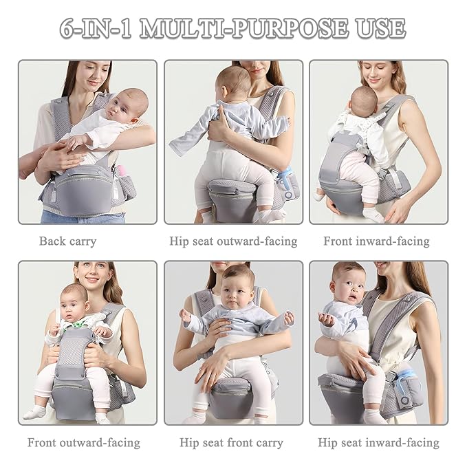 Baby Carrier with Hip Seat for Newborn to Toddler, 6-in-1 Ergonomic Infant Carrier for 0-36 Month Baby, All Positions Soft Breathable Mesh Wrap Carrier with Waist Stool, Baby Holder-Grey