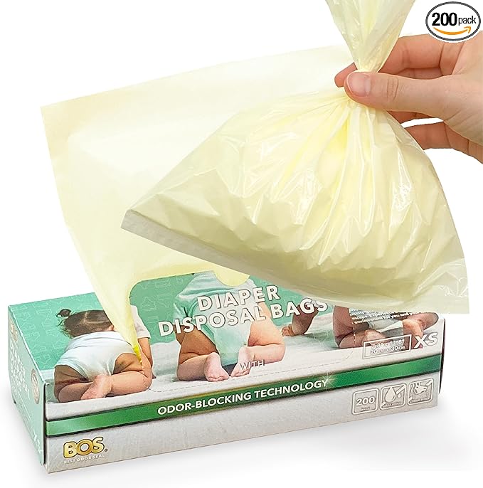 BOS, Odor-Sealing Dirty Diaper Trash Bags - Disposable Bags - Scent & Smell Free, 200Bags, (Color: Cream Yellow) (Pack of 1)