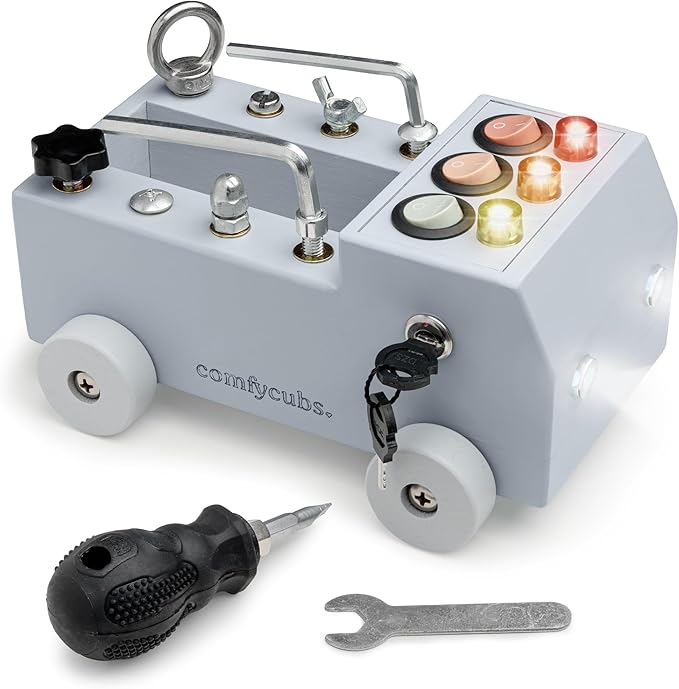 Comfy Cubs Busy Board Toy Truck Set - Fun & Noise-Free, Pine Wood Activity Board for Toddlers with LED Light Switch - Designed in The US, Focused & Engaging Montessori Play for Kids 3+ (Pacific Blue)